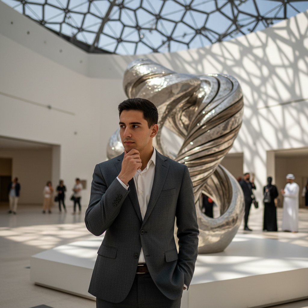 John, a 26-year-old Latin male figure of contemplative elegance, stands within the iconic architecture of the Louvre Abu Dhabi. Dressed in a tailored charcoal-gray linen suit with a crisp white silk shirt, he poses thoughtfully next to a captivating contemporary art piece. Soft, diffused natural light filters through the museum's dome, casting intricate shadows that enhance the atmosphere. His expression reflects a modern-day philosopher engaged in a dialogue between past and present, inviting curiosity and introspection.