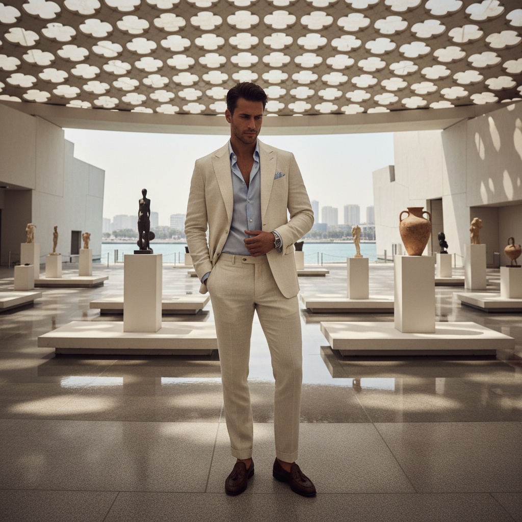 Michael, a striking male figure aged 27, stands amidst the stunning architecture of the Louvre Abu Dhabi, dressed in an impeccably tailored, ivory-hued linen suit that reflects the museum's minimalist elegance. He wears a subtly visible pale azure silk shirt, handcrafted leather loafers in deep chestnut, and poses under the intricate dome where light filters through geometric patterns, creating ethereal shadows on his chiseled features. With a thoughtful gaze, he embodies a sense of quiet reflection, surrounded by the cultural masterpieces, in a photograph that captures architectural symmetry and sophistication, perfect for a high-fashion editorial piece.
