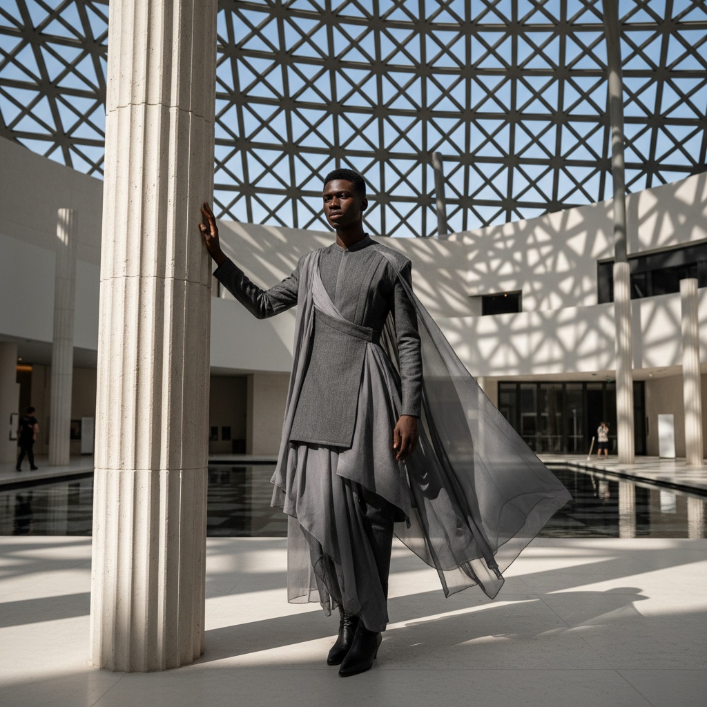Michael, a striking 22-year-old Black male figure, embodies contemporary artistry within the majestic halls of the Louvre Abu Dhabi. He wears an avant-garde, asymmetrical outfit of muted charcoal and airy chiffon, standing poised against a sculptural column with natural light filtering through the museum’s iconic dome, creating dramatic shadows that highlight the textures of his attire. The background showcases the stunning architecture of the museum, framing him as a living artwork. The atmosphere is one of contemplative elegance, celebrating the fusion of cultures and eras—inviting viewers into a narrative of tradition and innovation.