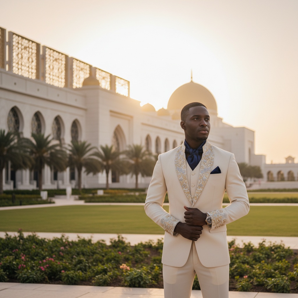 David, a 30-year-old Black man exuding confidence and sophistication, stands poised in the majestic gardens of Qasr Al Watan, the presidential palace in Abu Dhabi. He is dressed in an impeccably tailored, ivory safari suit with intricate embroidery, complemented by a deep navy silk cravat. His strong posture and calm expression radiate authority against the breathtaking architectural backdrop of Qasr Al Watan at golden hour, where natural light plays through ornate latticework, enhancing the richness of both his attire and the palace's details. The composition follows the rule of thirds, creating a narrative of cultural pride and modern sophistication.