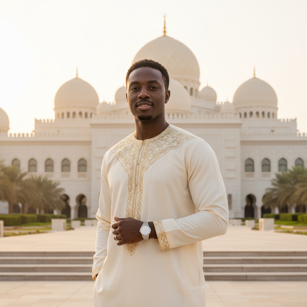 James, a striking 33-year-old black male figure, poised against the majestic backdrop of Qasr Al Watan, the grand presidential palace in Abu Dhabi. He wears a tailored cream-colored thobe with intricate gold embroidery, reflecting modernity and heritage. His confident stance, one hand in his pocket and the other holding a minimalist watch, is illuminated by the warm glow of the golden hour sun. The architectural beauty of Qasr Al Watan frames the scene, enhancing the sophisticated blend of tradition and contemporary Middle Eastern culture.