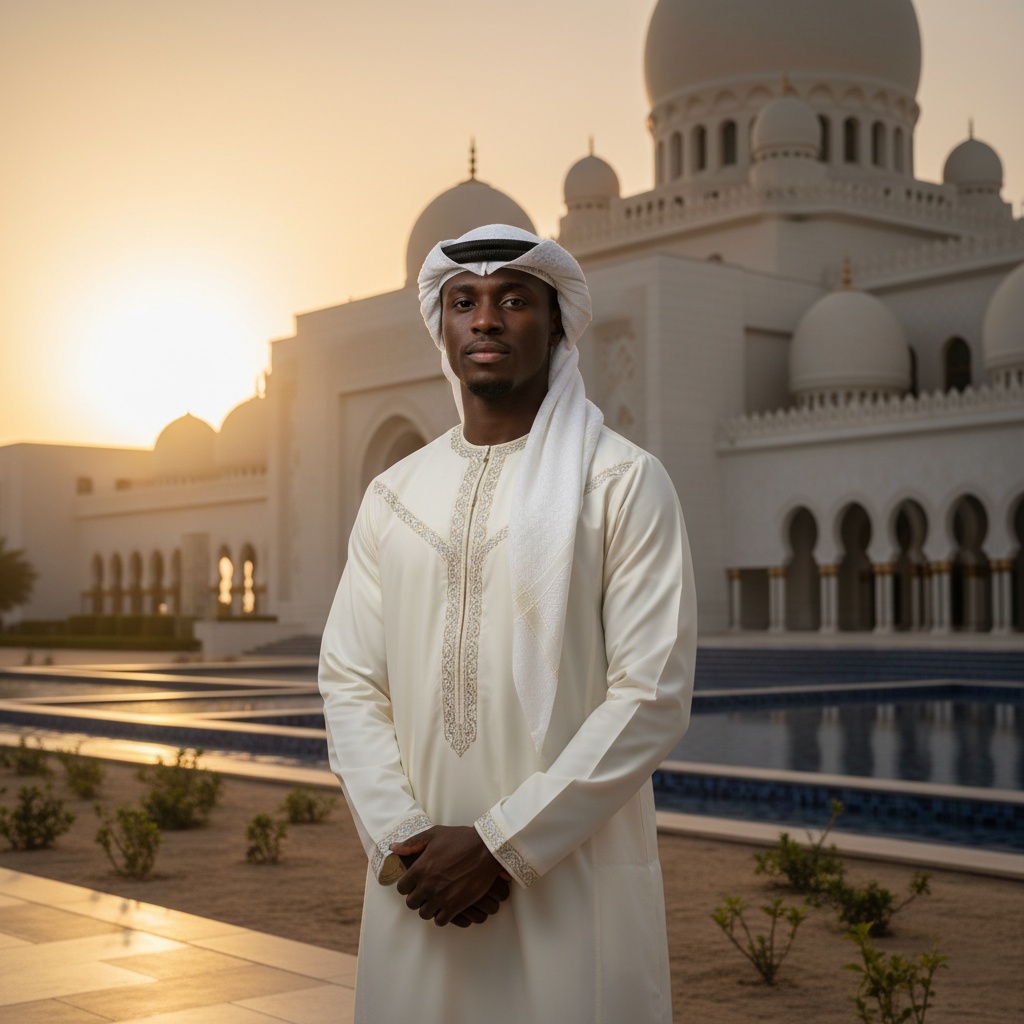James, a 23-year-old male of black heritage, stands proudly before the majestic Qasr Al Watan in Abu Dhabi during the golden hour. He exudes regal confidence, dressed in a masterfully tailored ivory crepe kandora with delicate embroidery. A finely woven ghotra rests upon his head, framing his strong jawline. The warm light cascades over the architectural details, creating a beautiful chiaroscuro effect on his face and the grand palace behind him. This portrait captures the essence of modern Emirati identity, inviting reflection on tradition and sophistication.