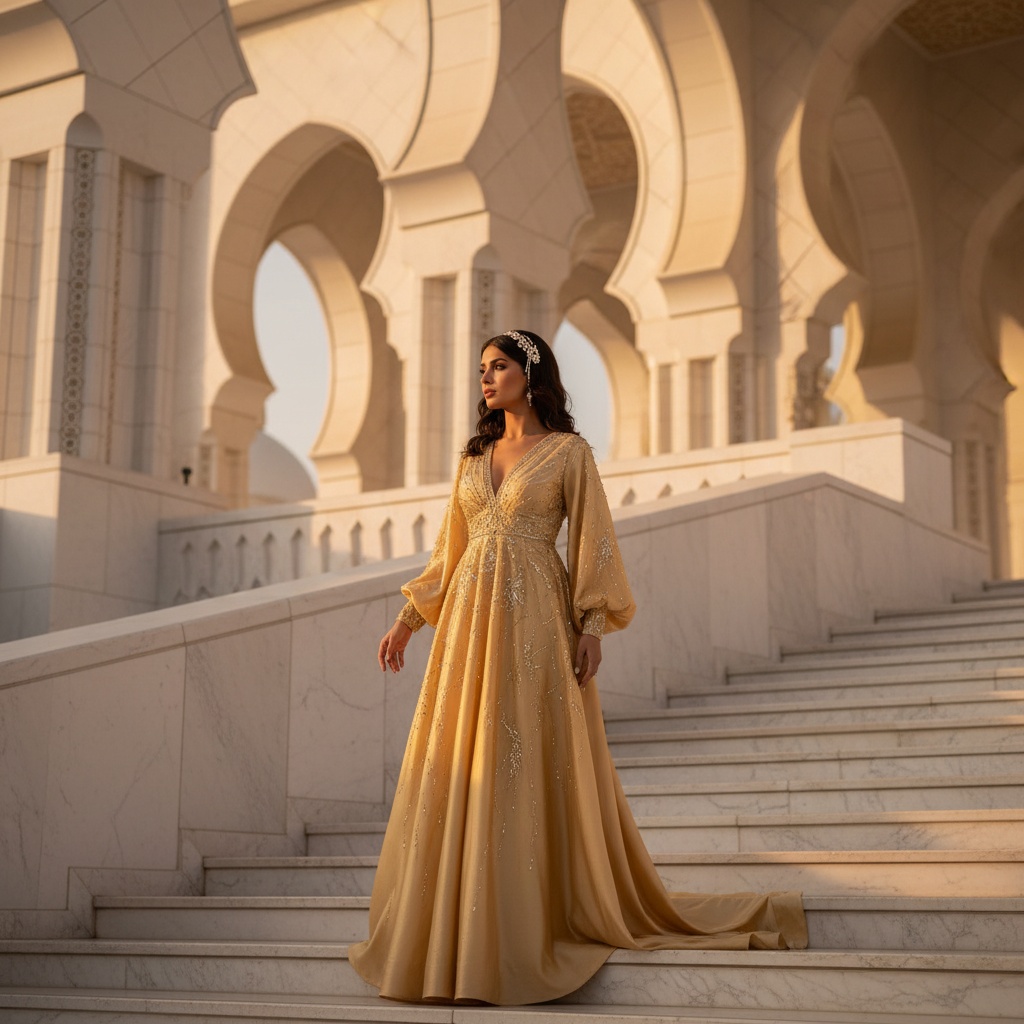 Sarah, a captivating 31-year-old Arab female figure, embodies the essence of a contemporary queen against the majestic backdrop of Qasr Al Watan in Abu Dhabi. She stands proudly on the grand staircase, dressed in an opulent golden gown crafted from shimmering silk, adorned with intricate beadwork that reflects the palace's architectural splendor. The gown features a plunging neckline and long, flowing sleeves, enhancing her regal presence. Her dark, lustrous hair is styled in soft waves, adorned with a delicate jeweled headpiece. The warm, golden light of the setting sun bathes the scene, highlighting the richly detailed marble and intricate designs of the palace, positioning her off-center to emphasize the grandeur behind her, creating a stunning visual narrative of empowerment and femininity.