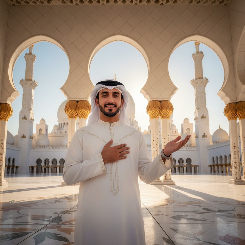 David, a 35-year-old Middle Eastern male figure standing in the stunning Sheikh Zayed Mosque, bathed in golden sunlight filtering through the intricate domes and arches. He is dressed in a traditional white kandura, impeccably tailored, with delicate embroidery. His dignified posture, with one hand on his chest and the other invitingly extended, exudes wisdom and calm. The serene expression on his face embodies cultural heritage and modern leadership. The beautiful mosque's minarets and floral mosaics complete the scene, creating a moment of reverence.