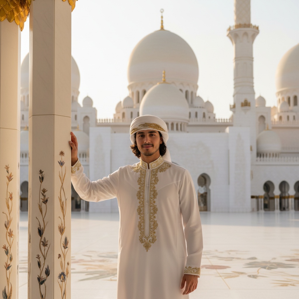 David, a 23-year-old male figure, stands majestically at Sheikh Zayed Mosque, embodying the spirit of modernity and tradition. He is dressed in a tailored white kandura with intricate gold embroidery, and his dark hair peeks from beneath an elegant ghutrah. The gleaming white marble of the mosque, bathed in the golden hues of sunset, serves as a stunning backdrop, with its ornate domes and towering minarets. David stands poised, one hand resting against a marble column, with warm and ethereal lighting creating a halo effect around him, capturing the serene beauty of the moment. This image evokes a sense of cultural connection and contemporary elegance.