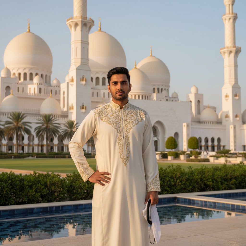 James, a striking Indian male figure aged 27, stands majestically before the breathtaking Sheikh Zayed Mosque in Abu Dhabi. Dressed in a flowing ivory-colored kandura adorned with intricate gold embroidery, he embodies the elegance and refinement of Emirati culture. The architectural magnificence of the gleaming white marble domes and minarets serves as his backdrop, reflecting the soft glow of the setting sun. His regal stance, with one hand resting on his hip and the other holding a traditional ghutrah, is set against lush green gardens. The light cascades dramatically, enhancing the contours of his profile and creating a dialogue between him and the monument. This image evokes cultural pride and timeless grace, celebrating heritage and modernity with the Islamic architectural beauty of the mosque.
