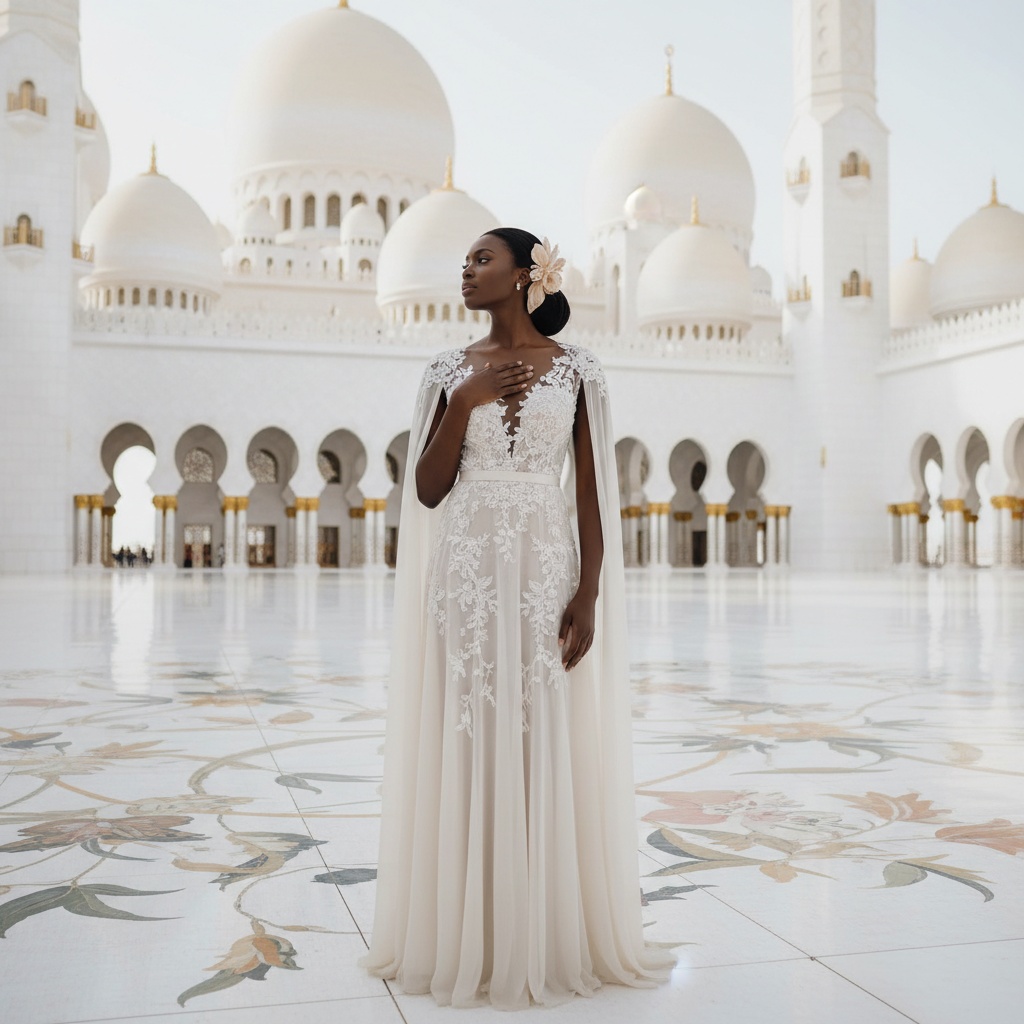 Sarah, a 31-year-old black woman, stands gracefully in the breathtaking Sheikh Zayed Mosque in Abu Dhabi. She wears a flowing, floor-length gown of soft ivory chiffon georgette, adorned with intricate lace overlays that mirror the mosque's ornate architecture. The gown features delicately caped sleeves and is cinched at the waist, accentuating her silhouette. Her hair is elegantly styled in a low chignon, adorned with a hand-crafted silk flower. The composition captures her against the pristine marble backdrop filled with golden domes and intricate mosaics, enhanced by the warm, diffuse natural light streaming through the mosque's arches, creating an ethereal ambiance. The gentle tilt of her head and the elegant hand resting above her heart evokes quiet strength and reverence, embodying a blend of cultural sophistication and serene beauty.