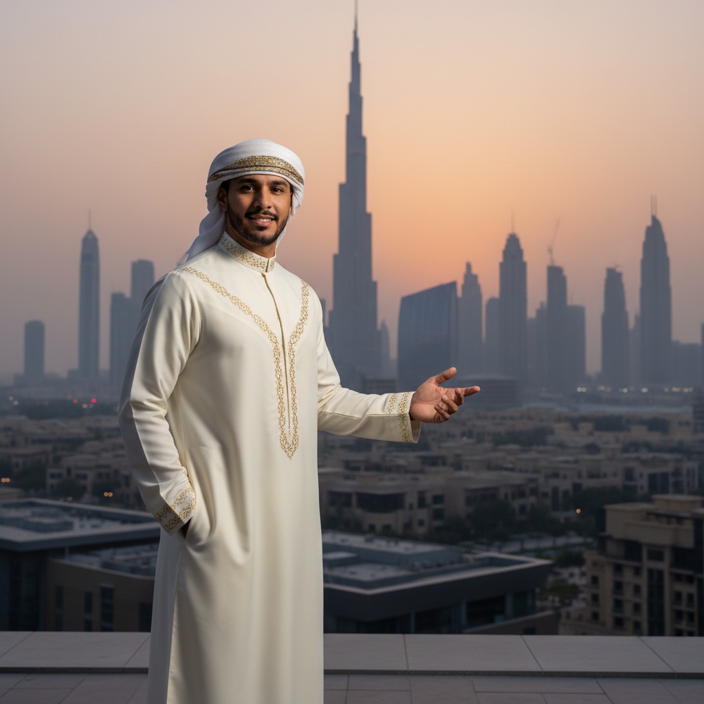 John, a 33-year-old male model embodying contemporary Middle Eastern fashion, poses confidently against the stunning Dubai skyline at sunset. He is elegantly dressed in a tailored ivory kandora with intricate gold embroidery, complemented by a matching white ghutrah draped artfully over his head. The soft golden hour light enhances his warm and inviting expression, reflecting Middle Eastern hospitality. He stands tall with one hand in his pocket, the other raised in an engaging gesture, as elongated shadows play across the scene, showcasing the harmony of tradition and modernity in the UAE. The composition creatively employs the rule of thirds, with the skyline adding an atmospheric quality to this powerful depiction of cultural identity and elegance.