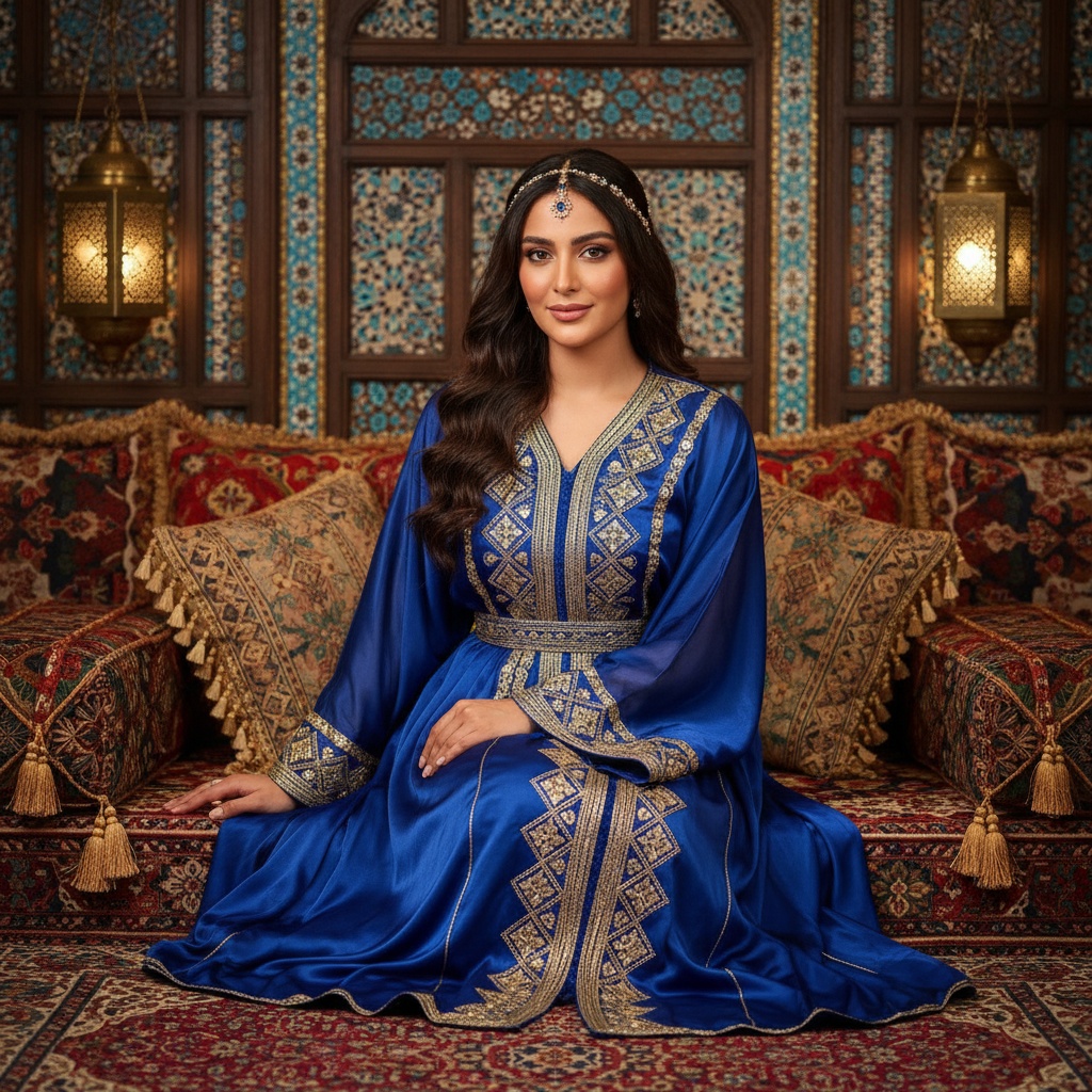 Sarah, a 27-year-old woman embodying modern Emirati elegance, seated gracefully in an intricately designed Majlis adorned with plush carpets and ornate cushions. She wears a breathtaking sapphire blue kaftan made of luxurious silk chiffon with delicate golden embroidery. Her hair cascades in dark waves adorned with a vintage gold accessory. The soft, warm lighting casts a golden hue, highlighting her features. The composition follows the rule of thirds, with exquisite lanterns and mosaic patterns framing her, capturing the vibrant essence of the UAE and the juxtaposition of modern flair with traditional elements. This portrait reflects empowerment and sophistication.