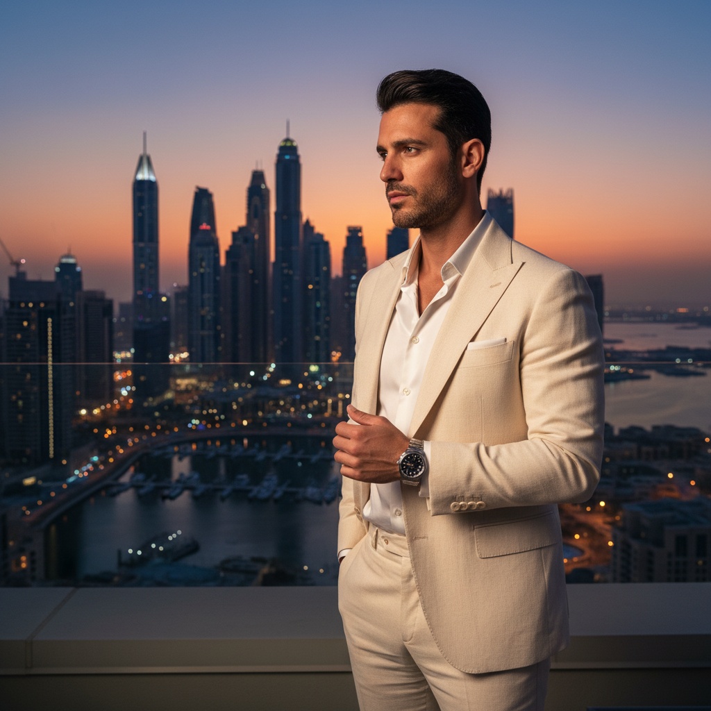 David, a striking 33-year-old Arab male model, stands poised against the stunning skyline of Dubai Marina at sunset. Dressed in an impeccably tailored cream linen suit paired with a classic white silk shirt, he exudes effortless elegance. With a contemplative yet charismatic expression, he gazes toward the horizon where the azure sky meets the shimmering waters. One hand casually tucked in his pocket, the other holds a sleek designer watch, glistening under the golden hour light. The iconic high-rise buildings in the background reflect in the water, with evening lights twinkling like stars, creating a perfect balance of sophistication and luxury.