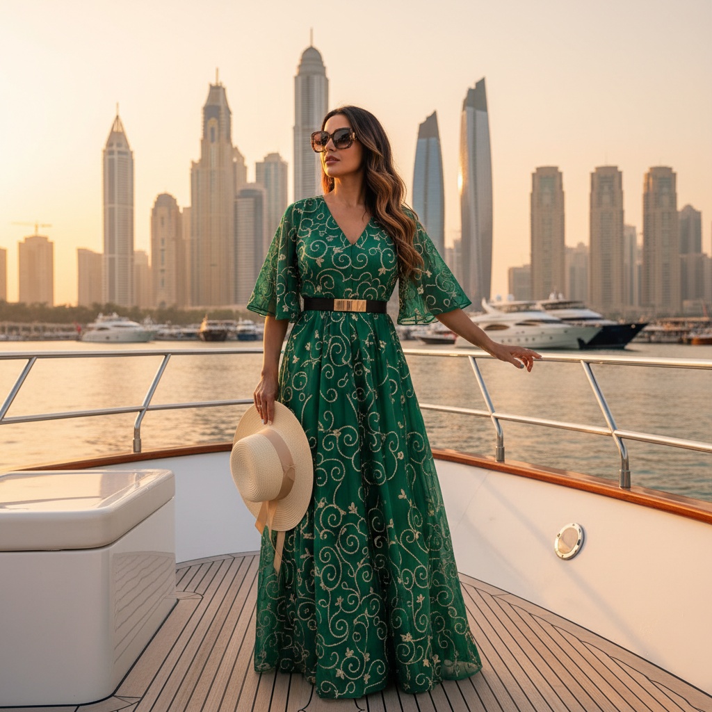 Olivia, a 30-year-old Latin woman exuding effortless luxury, stands on a private yacht against the stunning backdrop of Dubai Marina during golden hour. She wears a flowing, silk chiffon maxi dress in deep emerald green with intricate gold embroidery and flutter sleeves, cinched at the waist with a gold-tipped belt. Her hair cascades in soft waves, highlighted by the warm sun, while oversized sunglasses add sophistication. One hand rests gracefully on the sun-drenched railing, the other lightly touches her wide-brimmed hat. The iconic skyline glimmers in the background, creating a perfect composition that captures the allure of opulence and wanderlust. This photo resonates with the vibrancy of contemporary luxury.