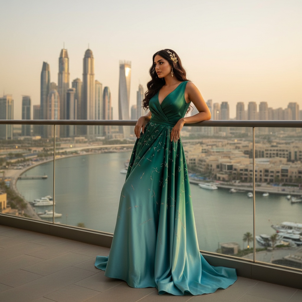 Olivia, a stunning 27-year-old Arab woman, exuding modern opulence against the breathtaking skyline of Dubai Marina. She wears a flowing, ombre silk gown transitioning from deep emerald to iridescent aqua, with intricate hand-embroidered details that sparkle like the city lights at twilight. Her hair cascades in soft waves adorned with a delicate gold hairpiece. In a confident pose, she leans against a sleek glass railing, creating a fluid S-curve. The scene is illuminated by the warm glow of the setting sun, casting golden rays and intricate shadows that enhance her luxurious appeal, embodying the elegance and ambition of a modern-day sultana.