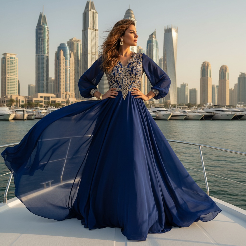 Sarah, a striking 30-year-old Middle Eastern female model, exudes elegance and power against the breathtaking backdrop of Dubai Marina. She stands atop a sleek yacht, draped in a floor-length, deep azure chiffon gown that flows dramatically in the breeze, catching the sunlight like liquid crystal. The gown features intricate embroidery along the bodice and cascading sleeves. Her sunlit waves of hair dance in the wind, framing her face adorned with minimalist gold earrings and a delicate cuff bracelet. The sunlight casts a golden glow, highlighting her sun-kissed skin. The pose is dynamic, gazing off into the horizon with a luxurious Marina skyline in the background, encapsulating a powerful blend of luxury and freedom in contemporary Dubai.