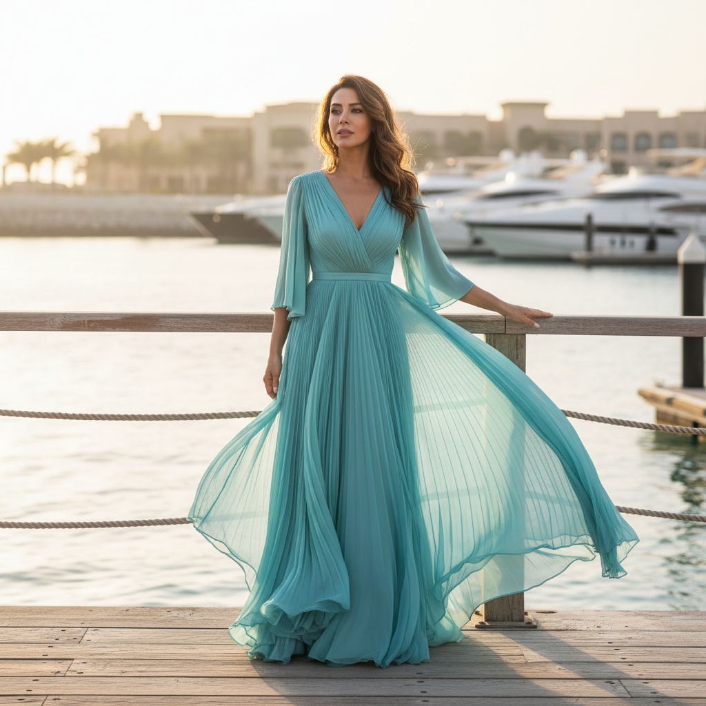 Emily, a striking Arab female figure aged 30, embodies coastal sophistication at Al Hamra Marina in Ras Al Khaimah. Dressed in a flowing aqua-hued chiffon georgette gown that dances with the sea breeze, she exudes effortless elegance. The dress features hand-pleated cascades, mimicking wave rhythms, while her sun-kissed face is framed by beachy waves. Standing gracefully on a wooden dock with a serene expression, she traces the rail with her fingers, creating a tranquil and contemplative atmosphere. The azure waters and vibrant backlighting enhance the ethereal quality of the scene, capturing a modern muse in an idyllic coastal setting. Negative space amplifies the tranquility and freedom of the moment.