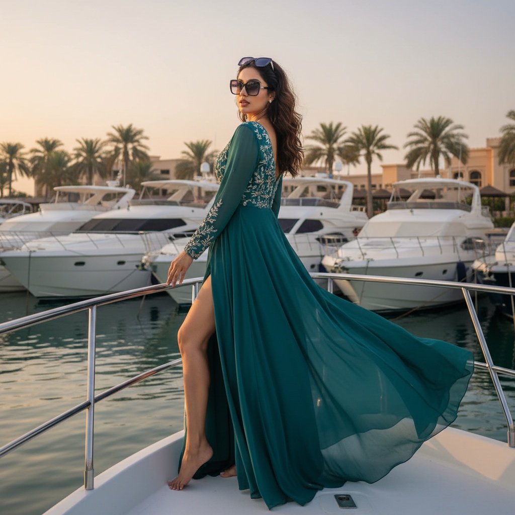 Jane, an enchanting 29-year-old Indian woman embodying the essence of a Mediterranean muse, stands elegantly at Al Hamra Marina. She wears a flowing, floor-length chiffon gown in a rich aqua hue that mirrors the deep blue waters. The gown's high-slit design reveals her sculpted leg, while delicate hand-embroidered details glimmer softly in the warm golden hour light. With sun-kissed skin and tousled waves framing her face, oversized sunglasses perched atop her head, she radiates effortless chic. Poised with one arm resting gracefully on the yacht's railing, she gazes back over her shoulder, conveying adventure and allure, surrounded by elegantly moored yachts and swaying palm trees. This scene captures a luxurious moment of serenity and sophistication, evoking wanderlust and high fashion inspired by the coastal retreat.