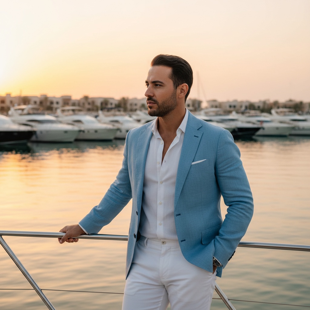 Michael, a 31-year-old Arab male, exuding effortless charisma as he stands against the breathtaking backdrop of Al Hamra Marina in Ras Al Khaimah. He is dressed in a tailored linen blazer in soft ocean blue, paired with crisp white trousers and a lightweight cotton shirt with an unbuttoned collar, embodying the relaxed sophistication of a modern gentleman. The sunset casts a golden hue, accentuating his chiseled jawline and sun-kissed skin. Leaning against a sleek yacht, he looks contemplative with one hand in his pocket and the other grazing the yacht’s railing, gazing toward the horizon, evoking a sense of wanderlust. The warm ambient lighting creates a dreamy atmosphere, capturing the contemporary explorer's spirit.