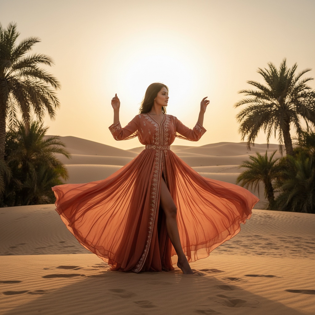 A captivating South Asian woman, Jane, aged 25, stands elegantly in Ras Al Khaimah, dressed in a flowing, floor-length gown made of lightweight chiffon georgette in earthy terracotta. The gown features hand-embroidered Bedouin patterns, cinched at the waist, with cascading layers that create movement. She poses with one leg slightly forward and arms gently raised, her gaze directed toward the horizon, enveloped by the golden dunes at sunset. Palm trees frame the scene, enhancing the oasis effect, while the warm glow of the setting sun bathes her in ethereal light, evoking feelings of empowerment and tranquility.