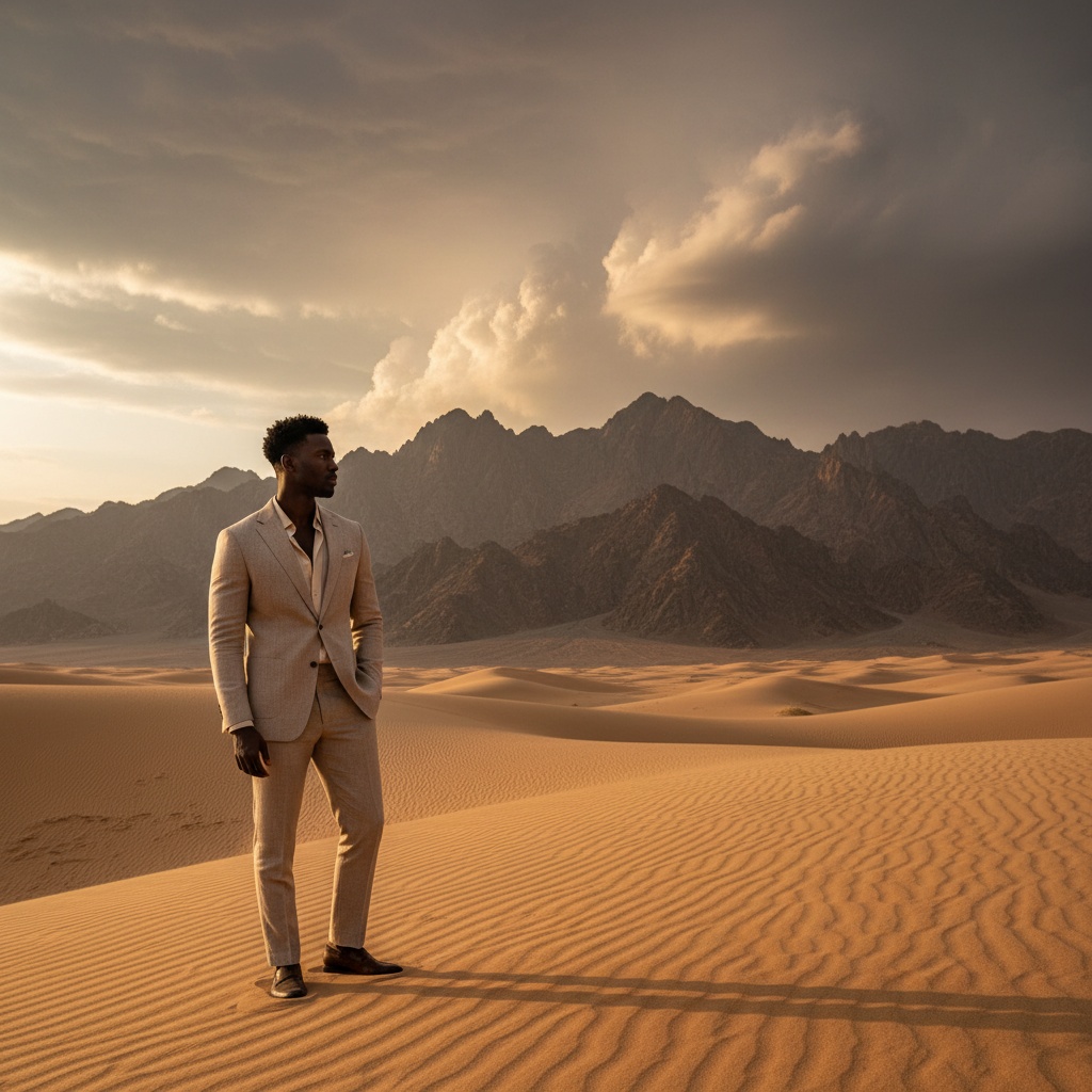 Michael, a 33-year-old black man exuding the charisma of a globetrotting adventurer, is captured in the breathtaking landscape of Ras Al Khaimah. He stands on a golden dune, dressed in an impeccably tailored, lightweight linen suit in a rich sand-tone. His contemplative expression gazes toward the horizon where the sun dips below the mountains, casting a warm amber glow across the sand, while dramatic swirling clouds suggest an incoming storm. The composition follows the rule of thirds, with Michael positioned in the foreground, showcasing the rugged mountain peaks and serene desert behind him, all beautifully illuminated by golden hour light, evoking modern masculinity intertwined with adventure. The overall mood is a blend of mystique and elegance, reminiscent of an exploration-themed luxury lifestyle editorial.