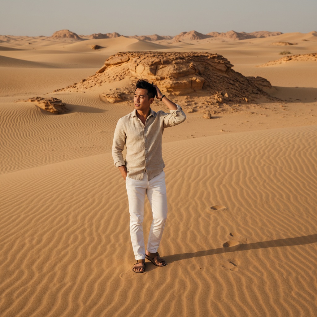 Michael, a 35-year-old Asian male model, stands confidently in the breathtaking desert landscape of Ras Al Khaimah. He wears a tailored lightweight linen shirt in sandy beige, complemented by stark white trousers and traditional leather sandals. His expression is one of quiet contemplation amidst golden dunes and striking rock formations. The late afternoon sun casts a warm glow, highlighting his sun-kissed skin and creating long shadows. One hand rests casually in his pocket while the other brushes back his tousled hair, connecting effortlessly with nature. The composition utilizes the golden ratio, reflecting the allure of exploration in one of the UAE’s most stunning locales. This image embodies simplicity and grandeur, evoking wanderlust and introspection, fitting for high-end travel and lifestyle publications.