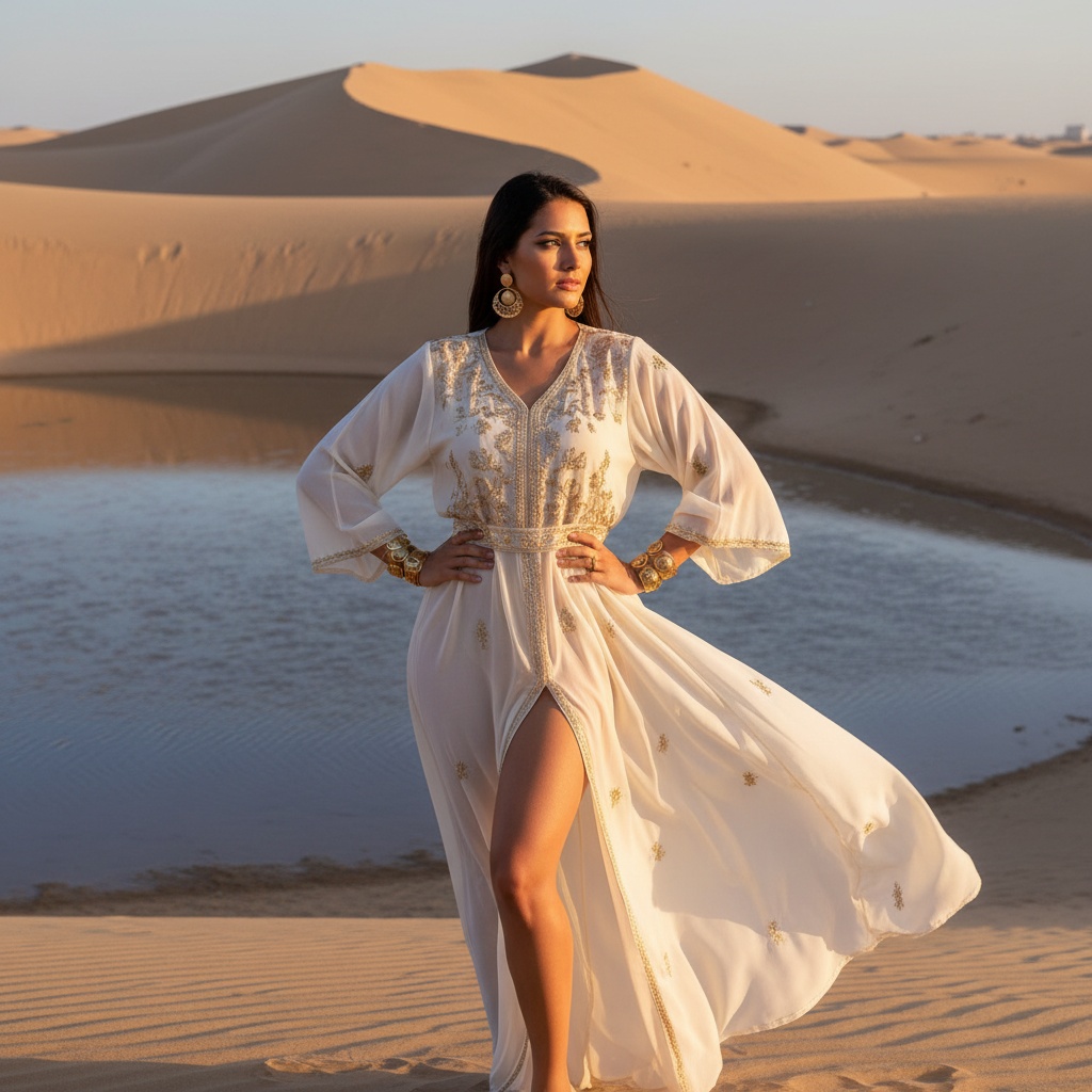 Sarah, a 27-year-old Latin woman embodying the spirit of Ras Al Khaimah in an opulent desert setting, surrounded by towering dunes and shimmering reflections of a distant oasis at sunset. She wears a flowing cream chiffon kaftan, intricately embroidered with gold thread and adorned with delicate beadwork, with billowy sleeves and a high slit that captures the warm desert breeze. Her sun-kissed skin glows against the backdrop of a rich tapestry of blues and purples in the desert sky as she poses regally with one hand on her hip, the other playfully fanning her kaftan in a way that invites the viewer to join her in this enchanting scene. The image is illuminated by natural light, creating an ethereal glow that highlights her elegant features and statement gold jewelry — oversized earrings and stacked bangles, reflecting the rich cultural heritage of the region. This visual narrative celebrates the beauty of Ras Al Khaimah, projecting elegance and strength while evoking feelings of empowerment and wanderlust, perfectly captured during golden hour.