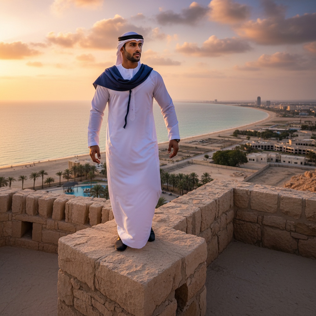 David, a striking 24-year-old Indian male, stands atop the ancient Dhayah Fort, dressed in a contemporary white kandura with a navy agal. His powerful stance on a weathered stone exudes confidence, overlooking the sparkling coastline of Ras Al Khaimah. The setting sun casts a golden hue over the landscape, highlighting his sharp jawline and expressive features in golden hour lighting. The background features the Arabian Gulf's azure waters, creating an evocative blend of history and modern culture. The composition adheres to the rule of thirds, telling a compelling story of heritage and strength.