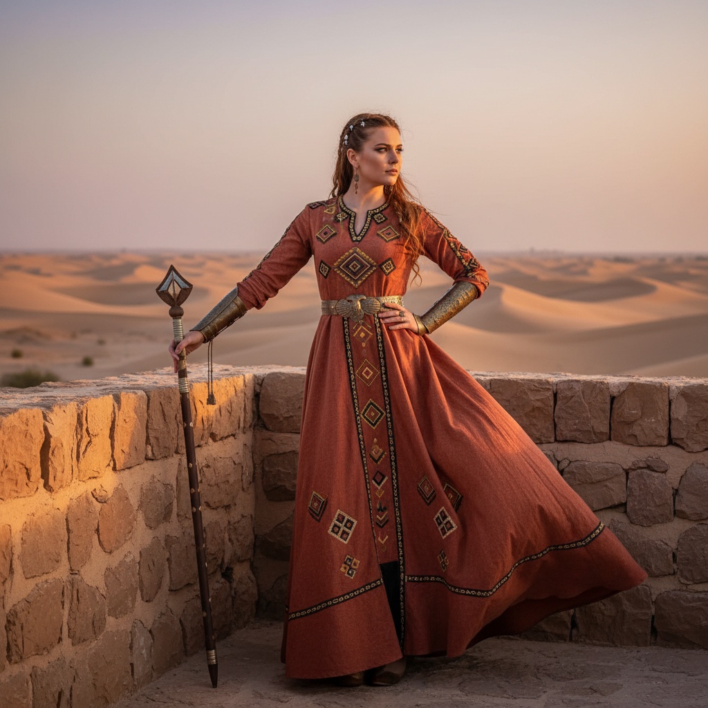 Jane, a 32-year-old white woman, embodies the fierce spirit of a modern warrior princess at Dhayah Fort in the UAE. Dressed in an exquisite floor-length gown of deep, earthy terracotta with intricate hand-embroidered designs, she stands atop the fort's ancient stone walls. Her commanding presence and elegant pose create a narrative of strength and resilience. The golden sunlight, late afternoon sky of warm oranges and soft pinks, and rolling dunes in the background enhance the image's ethereal quality. This editorial shot highlights her confident gaze focused on the horizon, encapsulating the essence of cultural pride and female empowerment in a timeless setting.