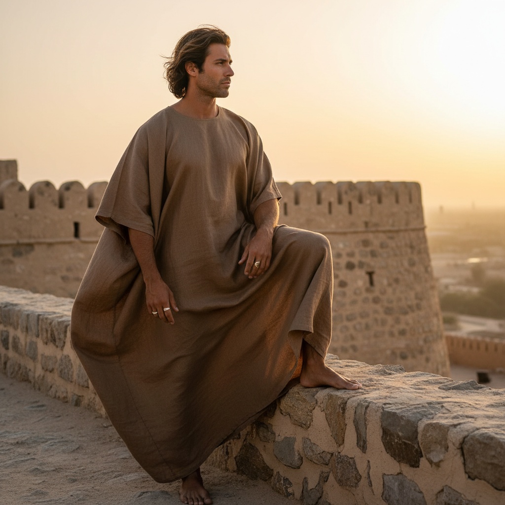 Michael, a 30-year-old Latin male, stands strong at the majestic Dhayah Fort in the UAE, draped in a flowing, earth-toned kaftan made of fine linen. He is positioned with one foot on the rugged stone wall, gazing thoughtfully into the horizon amidst the warm glow of golden hour sunlight. The ancient stonework of the fort serves as a dramatic backdrop, highlighting his chiseled features and long, flowing hair that catches the light like a lion's mane. Adorned with simple silver rings, his hands rest on the wall, embodying a modern-day warrior's spirit. This striking composition captures both his strength and the rich history of the setting, reflecting a fusion of past and present.