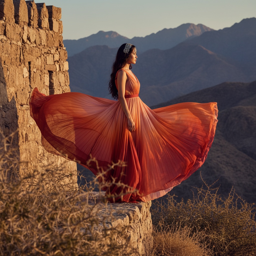 Olivia, a 30-year-old Asian woman, stands gracefully at the edge of Dhayah Fort in the Ras Al Khaimah mountains. She is dressed in a breathtaking, flowing gown of chiffon georgette in sunset shades of fiery oranges and soft blush pinks, embodying the essence of a modern queen. Her long dark hair flows in soft waves, illuminated by the golden light of the setting sun, and an intricately woven silver headpiece adds an ethereal charm. The dramatic lighting creates delicate shadows that enhance her poise, while desert flora fills the foreground, contributing to the scene's timelessness. The composition captures her silhouette against the ancient stone walls of the fort, reflecting strength and serenity. This image channels powerful emotions of regal contemplation, merging nature, history, and femininity beautifully, reminiscent of Vogue Italia.
