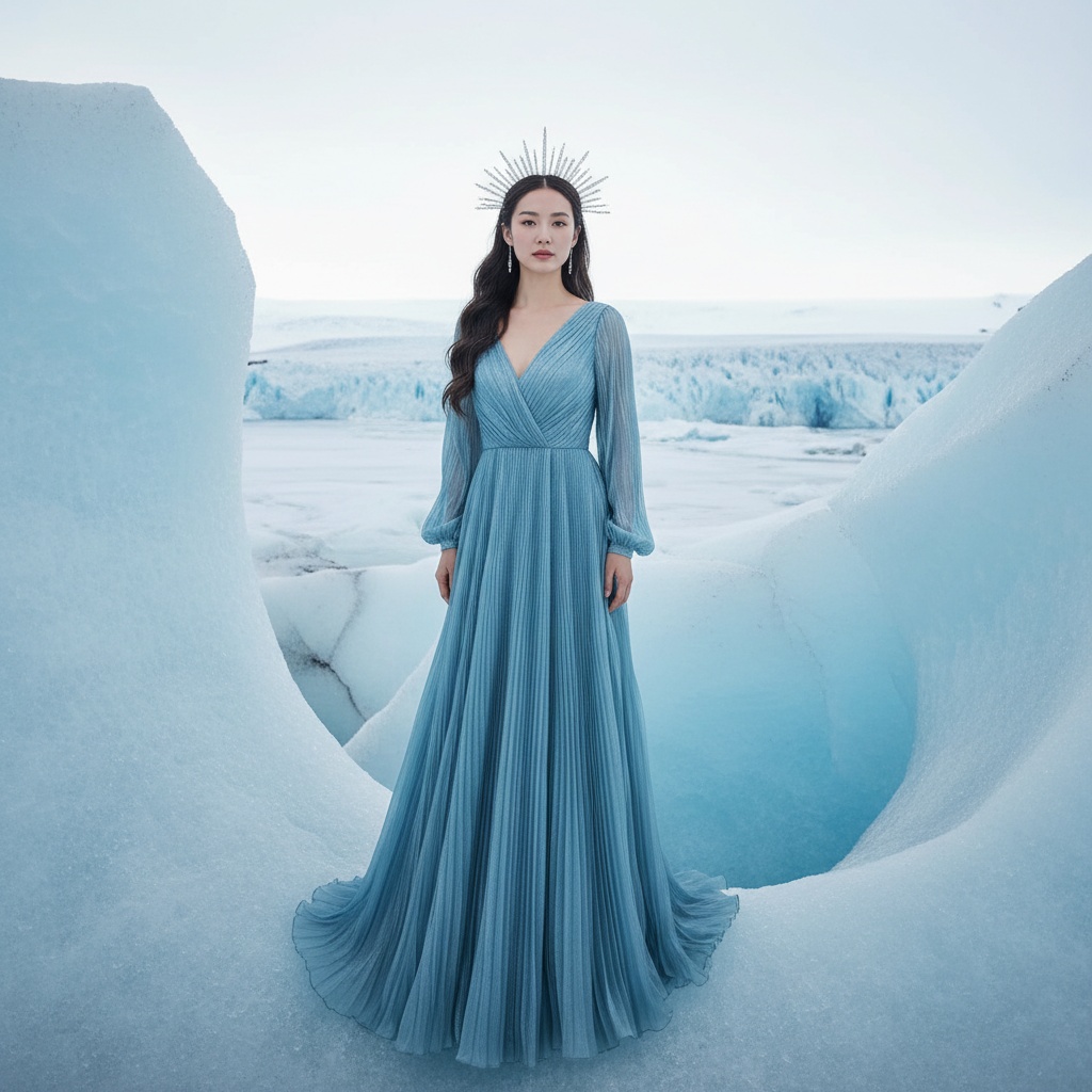 Emily, a captivating Asian female figure aged 34, stands against the stark, icy landscape of a remote glacial expanse, embodying the ethereal beauty of a winter queen. She is draped in an exquisite floor-length gown of shimmering ice-blue chiffon georgette, with hand-pleated cascades mimicking the waves of the surrounding glaciers. Her hair flows in soft, frosted waves, adorned with delicate crystal hairpins resembling icicles, creating a magical halo effect. The soft, diffused daylight caresses her features, enhancing the contours of her face in this dramatic, once-in-a-lifetime moment. The towering ice formations frame her elegantly, resonating themes of solitude, strength, and grace. This striking image captures the serenity and power of nature in a breathtaking winter landscape.