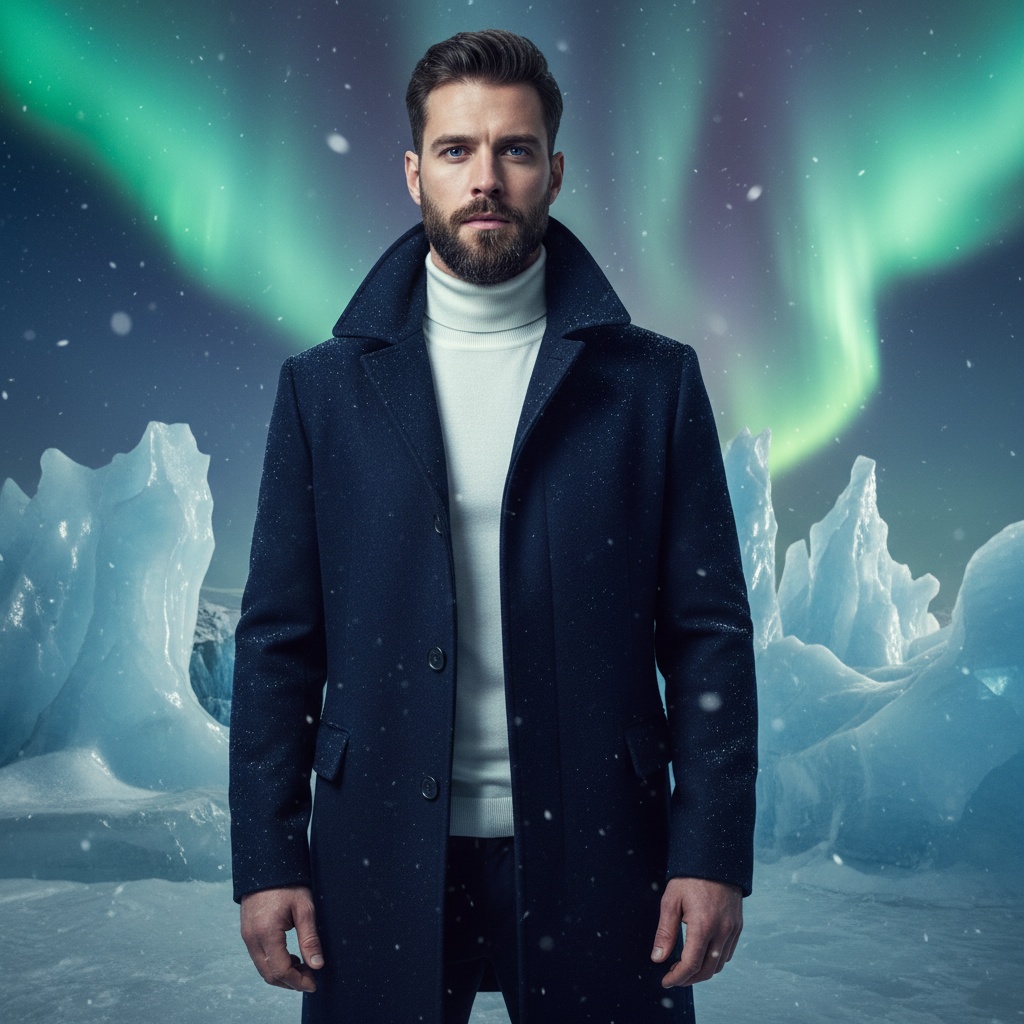 James, a 32-year-old male model, epitomizes rugged elegance in an editorial set against an otherworldly ice landscape. Dressed in a tailored deep navy wool overcoat with a high collar, paired with a fitted white cashmere turtleneck, he conveys the essence of a modern explorer. The backdrop features towering ice formations illuminated by the northern lights, while snow flurries swirl in the crisp air. His chiseled jaw and well-groomed beard frame a piercing gaze, capturing a sense of adventure amidst nature's stark beauty. The ambient, dramatic lighting emphasizes his athletic build and the cool tones of the ice, reflecting delicately on his skin. This image tells a story of solitude and strength, showcasing the bond between man and the majestic natural world.