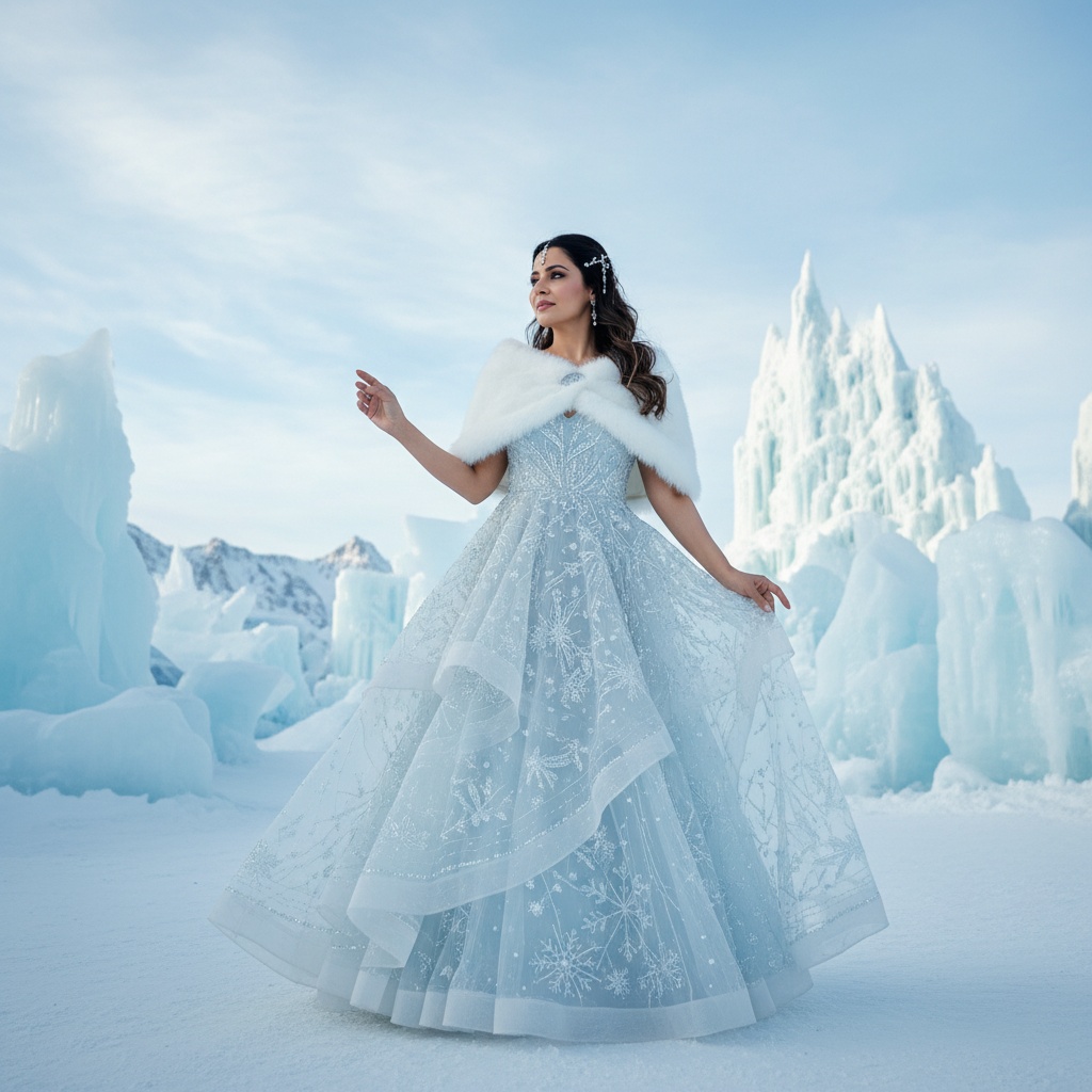 Olivia, a striking Indian woman aged 35, stands poised against a breathtaking ice-blue landscape that embodies a frozen wonderland. She wears an ethereal gown made of sheer chiffon georgette, layered to mimic soft, glistening snow, adorned with intricate hand-embroidered frost-like motifs that shimmer in the sunlight. A delicate faux-fur stole frames her face, adding warmth and luxury. Her hair cascades in loose waves interwoven with sparkling crystals, reminiscent of glistening icicles. With her hands gracefully positioned, she embodies elegance and resilience in the chilly air. Majestic ice formations rise in the background, while pale-blue clouds float in the expansive sky, creating a serene and majestic atmosphere reminiscent of a surreal fairy tale. This image captures the interplay of nature and high fashion, inviting viewers into an enchanting realm, triggered by Olivia.