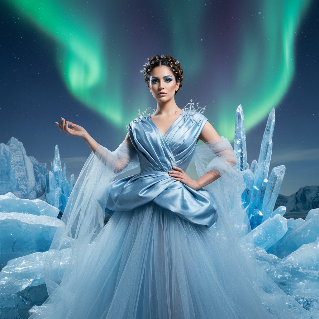 Sarah, a striking 27-year-old Middle Eastern woman, embodies the ethereal beauty of a modern ice queen in a surreal Ice-Land setting. She wears an avant-garde gown of shimmering ice-blue mikado silk with translucent tulle layers, showcasing intricate hand-pleated cascades. Her hair, styled in braids with delicate crystals, resembles icicles, while bold frosty makeup highlights her features. Set against shimmering icebergs and crystalline formations under the captivating aurora borealis, she strikes a powerful pose with one arm extending gracefully and the other on her hip. The lighting enhances her porcelain skin, creating a harmonious blend of strength and beauty within this magical, icy realm. The composition follows the rule of thirds, emphasizing her regal presence in this fantastical landscape.