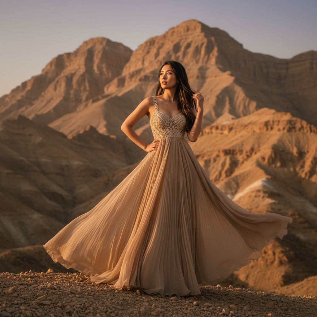 Emily, a 24-year-old Asian female, stands majestically against the dramatic backdrop of Jebel Jais, the tallest mountain in the UAE, during the golden hour. She's dressed in an avant-garde desert-inspired ensemble featuring a flowing, sand-hued chiffon gown with intricate hand-pleated cascades. The gown has a sweetheart neckline adorned with delicate macramé detailing. Her soft wave hairstyle is intertwined with golden threads, exuding an ethereal vibe as she gazes confidently into the horizon. One hand rests on her hip while the other brushes her hair away, creating graceful movement. The scene captures the setting sun casting long shadows and beautifully illuminating the rocky landscape, emphasizing both freedom and exploration, while artfully framed with shallow depth of field to highlight her exquisite details against the breathtaking backdrop of Jebel Jais. This image resonates with modern femininity and the spirit of adventure.