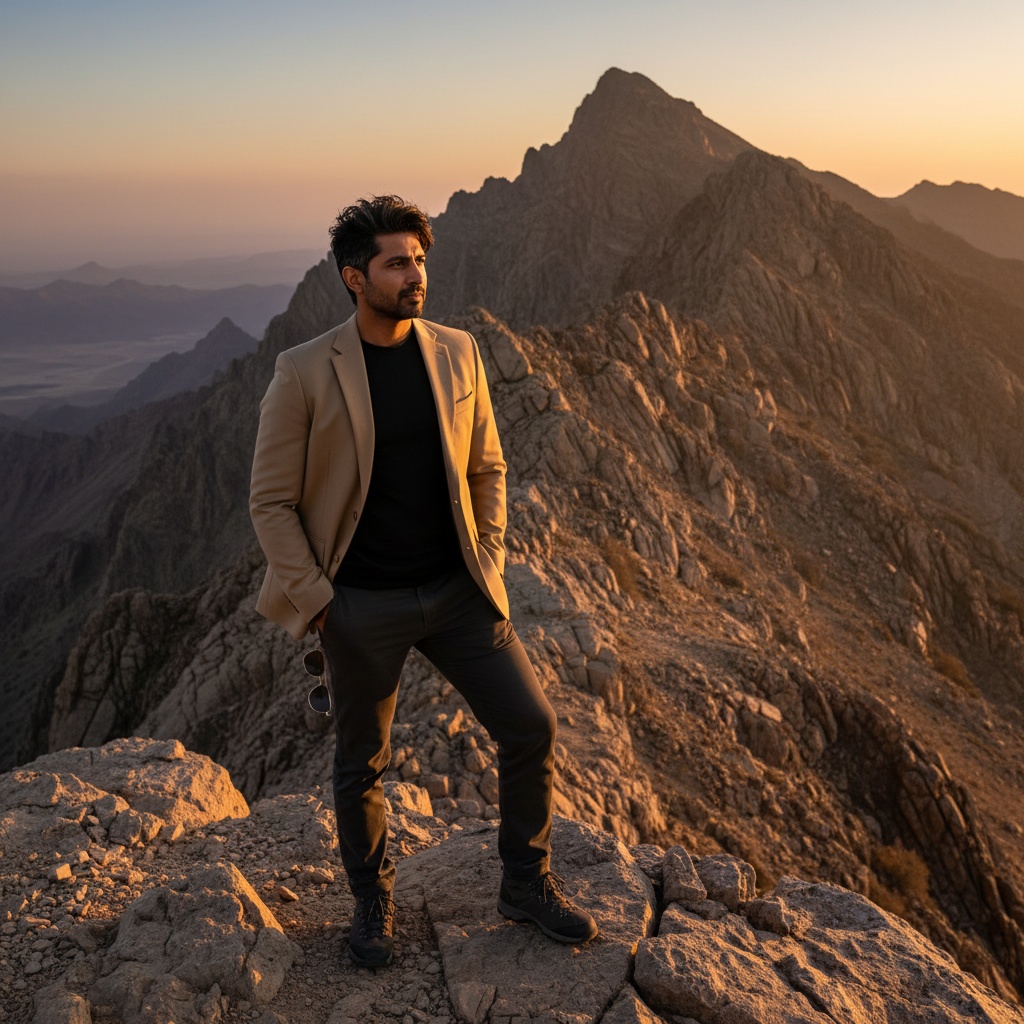 James, a striking Indian male figure aged 30, stands poised on the rugged cliffs of Jebel Jais, the UAE's highest peak. Dressed in a sleek, tailored sand-hued windbreaker layered over a fitted black base shirt, he effortlessly blends into the dramatic landscape. His dark, tousled hair catches the warm golden highlights of the setting sun, framing his athletic build. As he gazes confidently into the distance, one hand rests casually in his pocket, the other clutching aviator sunglasses. The golden hour envelops him in an ambient glow, accentuating the textures of his outfit and the rocky surroundings. Captured in mid-movement against the breathtaking panorama of Jebel Jais, this image embodies adventure and resilience, merging high fashion with the rugged beauty of nature. The thoughtful horizon cropping highlights the peaks rising majestically, symbolizing aspiration and exploration.