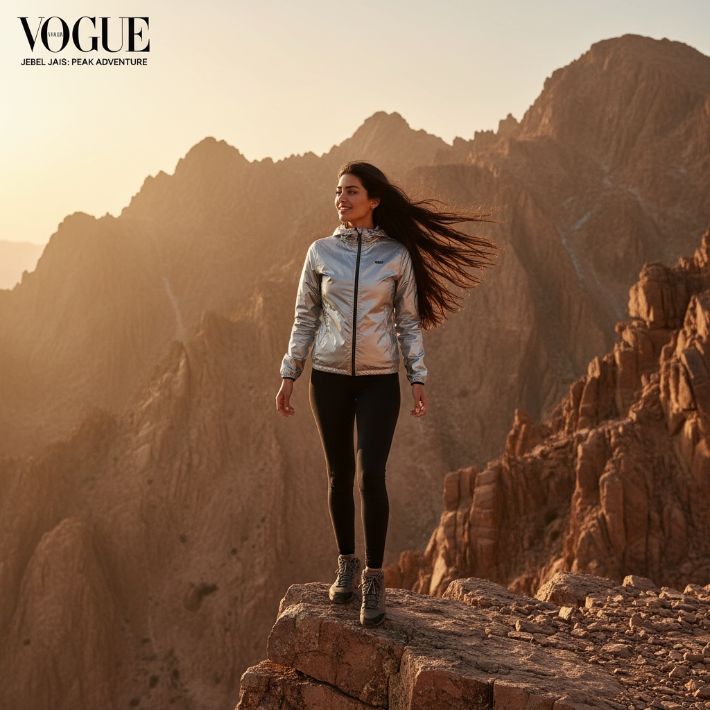 Olivia, a 22-year-old adventurous Middle Eastern woman, stands poised on the breathtaking cliffs of Jebel Jais, the UAE's highest mountain. Dressed in a tailored iridescent silver windbreaker and sleek black stretch leggings, her outfit merges fashion with functionality. The wind flutters her jacket, creating an ethereal silhouette against the rugged mountain range behind her. Her windblown hair catches the golden light of the setting sun, enhancing her fierce determination and joy. The composition with the jagged cliffs frames her silhouette beautifully, evoking wanderlust and empowerment, perfect for a Vogue Italia spread. Soft, diffused lighting highlights her features, casting gentle shadows on the rocky landscape.