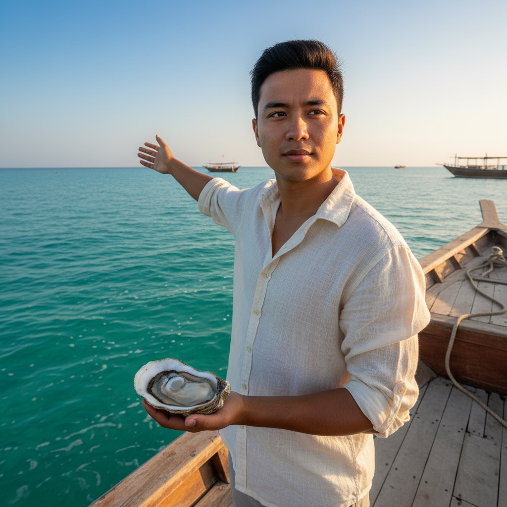David, a 22-year-old Asian male mariner, stands confidently in a traditional fishing boat at the Suwaidi Pearl Farm, surrounded by the shimmering turquoise waters of the Persian Gulf. He is dressed in a light, breathable linen shirt in soft ivory, sleeves rolled up. His sun-kissed skin and expressive eyes reveal a spirit of determination and adventure, embodying a modern-day pearl diver. In one hand, he holds a traditional pearl oyster shell while the other gestures towards the horizon. The soft golden light of early morning creates a captivating chiaroscuro effect, highlighting his strong features and the glistening sea. This portrait captures a deep connection to heritage and nature amid a world of exploration, suggesting adventure and elegance interwoven with the pearl diving tradition.