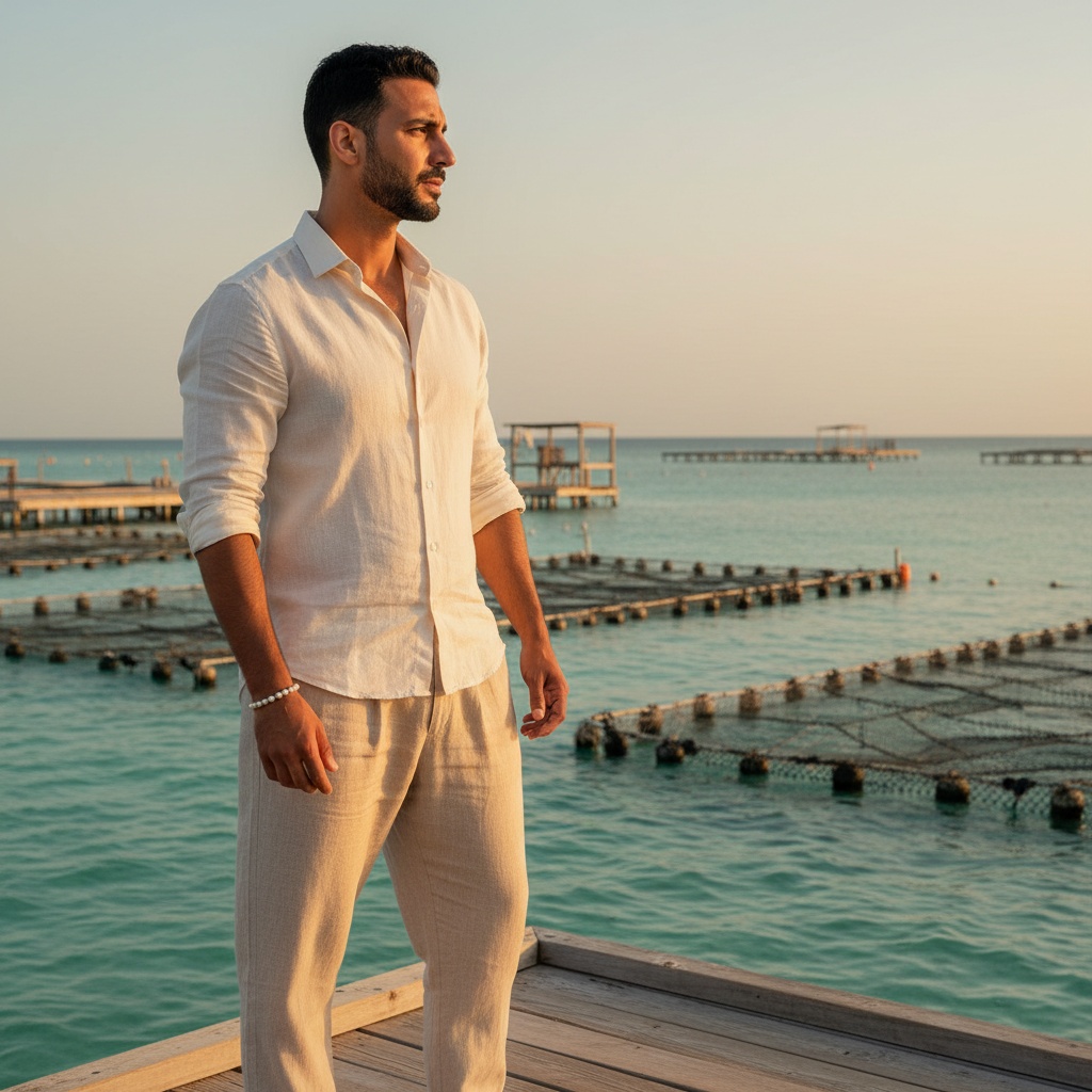 John, a 32-year-old Middle Eastern male figure, stands confidently at the Suwaidi Pearl Farm in Qatar, embodying luxury and adventure. He is dressed in an impeccably tailored light linen shirt and sand-colored linen trousers, flowing softly in the sea breeze. With sun-kissed skin and a thoughtful gaze towards the horizon, he wears a simple pearl bracelet, reflecting the farm's artistry. The golden hour casts a warm glow over the pearl-laden waters, enhancing the stunning chiaroscuro effect around him, perfect for a contemporary fashion magazine. The composition follows the rule of thirds, capturing the essence of exploration and craftsmanship.