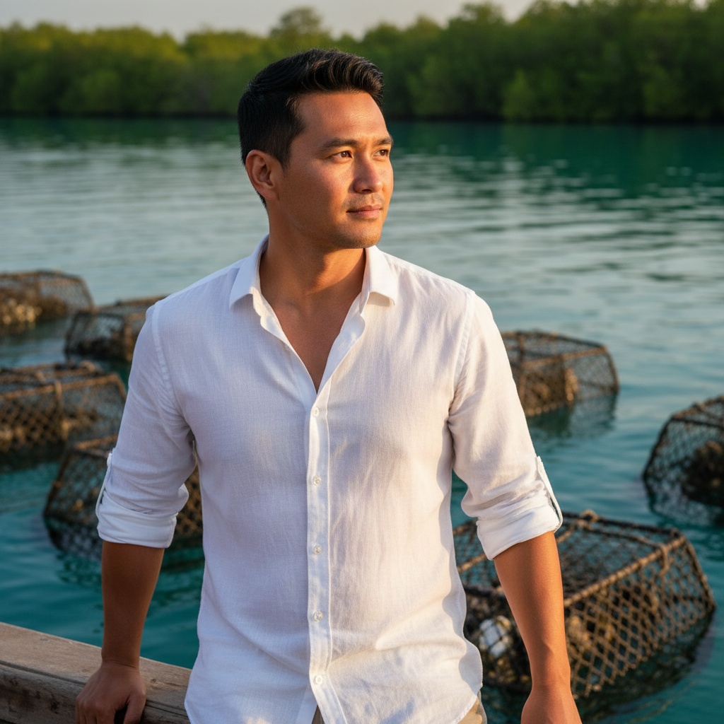 Michael, a striking Asian male figure aged 30, is captured amidst the ethereal landscapes of Suwaidi Pearl Farm in the United Arab Emirates, clad in a flowing, tailored white linen shirt. The image showcases his sun-kissed skin against the serene azure waters where pearls glisten. Soft, diffused lighting reflects the golden hour's warm glow, highlighting gentle water ripples. His relaxed yet assertive pose, with one hand on a wooden boat, speaks to the age-old tradition of pearl diving. The lush mangroves serve as a backdrop, framing him as a modern-day explorer in harmony with nature, emphasizing the cultural significance of pearl fishing heritage. This photograph evokes a sense of adventure and tranquility, balancing strength and serenity.