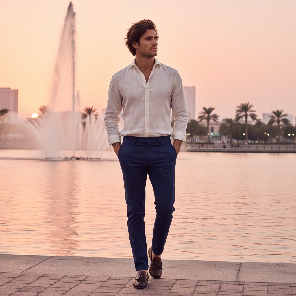 James, a 25-year-old male model exuding contemporary elegance, strolls along the serene Al Majaz Waterfront in Sharjah at golden hour. He wears a tailored linen shirt in soft ivory and navy chinos, paired with loafers, embodying coastal sophistication. The backdrop features the shimmering waters and the spectacular Al Majaz Fountain, reflecting the warm hues of the sunset. Captured in a thoughtful gaze, his relaxed pose and wind-swept hair enhance the serene atmosphere, evoking feelings of aspiration and tranquility. This composition showcases the essence of a modern traveler engaged in contemplation.