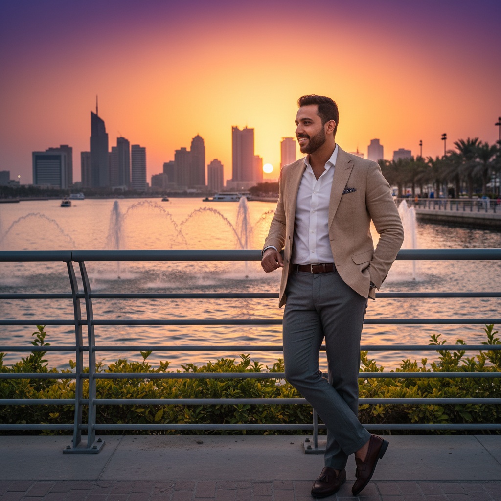 James, a 32-year-old Arab male, embodies urban sophistication at Al Majaz Waterfront against the shimmering Sharjah skyline at sunset. He is dressed in a tailored, lightweight linen blazer in sand hue over a crisp white shirt, with impeccably fitted slate gray trousers and handcrafted leather loafers. Leaning casually against a sleek railing, his relaxed posture, illuminated by cinematic golden hour lighting, highlights his confident demeanor and the impeccable tailoring. The vibrant sunset reflects on the water, adding depth to the serene urban setting with fountains and greenery, creating an atmosphere of tranquility and style.