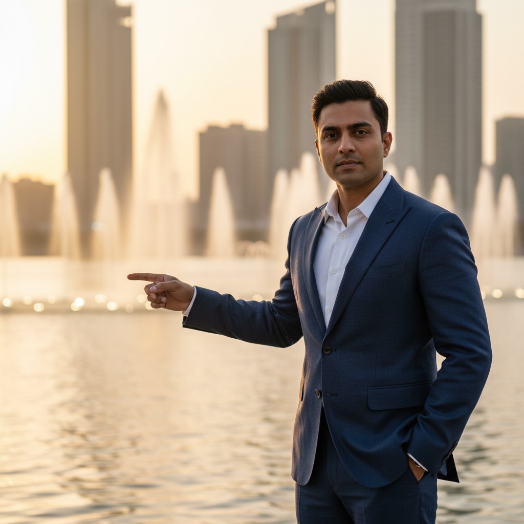 John, a striking Indian male figure aged 35, stands at the Al Majaz Waterfront in Sharjah, captured during the golden hour. He embodies contemporary sophistication in a tailored navy blue linen suit with structured shoulders, paired with a crisp white cotton dress shirt. His relaxed yet poised pose features one hand tucked into his pocket and the other gesturing toward the iconic illuminated fountain. The soft glow of the sunset enhances his features, reflecting off the tranquil waters, against the backdrop of the majestic skyline and shimmering fountain. This image radiates confidence and allure, creating a harmonious balance of contemporary masculinity and urban elegance. The composition utilizes the rule of thirds, inviting viewers into this stylish cosmopolitan life at dusk, filled with tranquility and ambition.