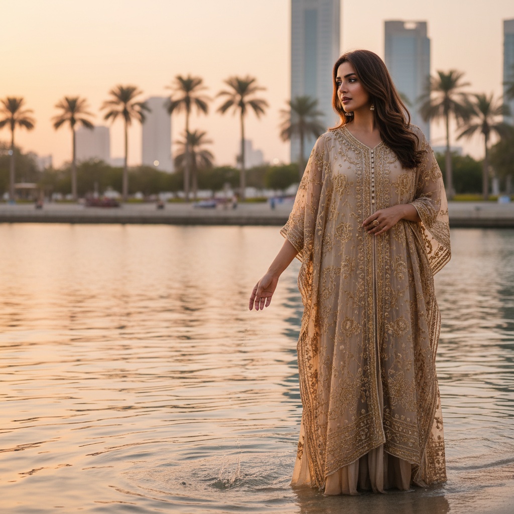 Olivia, a stunning 34-year-old Indian woman, stands gracefully at the water's edge of Al Majaz Waterfront in Sharjah, embodying modern femininity with traditional Arabian aesthetics. Dressed in a flowing, hand-embroidered kaftan made of ethereal chiffon georgette, she exudes effortless elegance. The soft beige fabric is accented with intricate golden thread, beautifully reflecting the sunset's warm glow. One hand touches the shimmering water while the other hangs elegantly by her side, her serene expression inviting reflection. The scene is framed by lush palm trees and distant skyscrapers, capturing a tranquil moment of connection to her vibrant surroundings, enhanced by soft, diffused lighting. This composition captures the essence of an empowered woman in harmony with her environment.