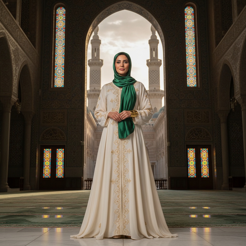 Emily, a 35-year-old Middle Eastern woman gracefully poses at the Al-Noor Mosque, embodying cultural fusion and spiritual elegance. She wears a flowing, high-neck ivory abaya crafted from luxurious chiffon georgette, adorned with delicate hand-embroidered motifs reflecting the mosque’s intricate architecture. A deep emerald silk hijab frames her face, while a statement gold cuff bracelet graces her wrist. The soft, diffused light casts ethereal patterns around her, enhancing the serene ambiance of the mosque's grandeur, filled with mosaics and towering minarets. Her pose is grounded yet elegant, inviting viewers into a harmonious dialogue between tradition and contemporary fashion, evoking reflection and inspiration.