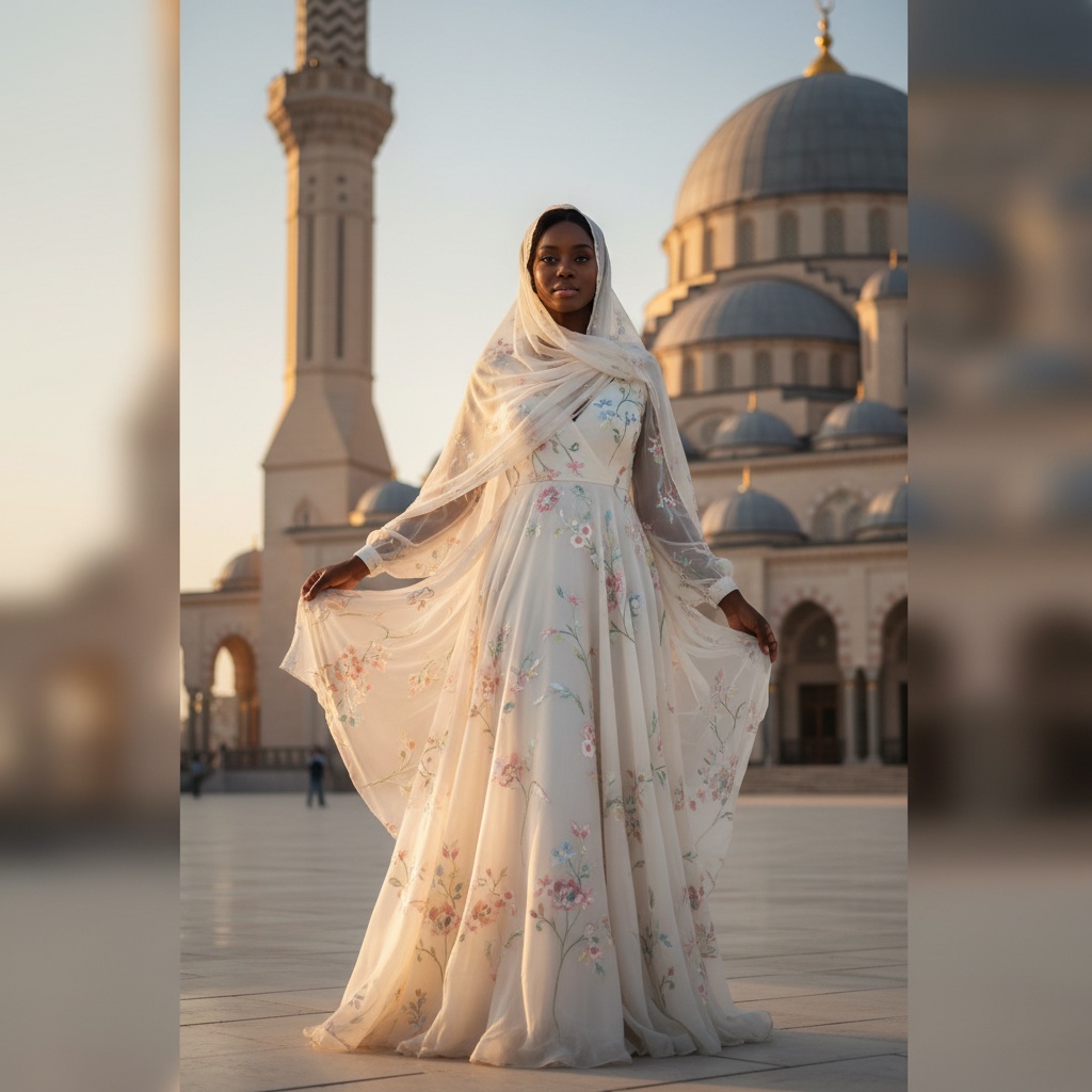 Emily, a 33-year-old Black woman, stands gracefully in front of the Al-Noor Mosque, exuding serene elegance. She wears a floor-length gown of silken ivory chiffon, embellished with hand-embroidered floral motifs in soft pastels, echoing the mosque's intricate artistry. Her flowing, sheer scarf frames her face, highlighting her refined features and warm gaze. The scene captures the stunning minaret and dome of the mosque bathed in golden sunset light, creating a timeless moment that beautifully balances cultural respect and femininity. Soft ambient lighting enhances the ethereal atmosphere of the photograph, with a composition that harmonizes her presence with the architectural beauty behind her. This image celebrates heritage, faith, and grace.