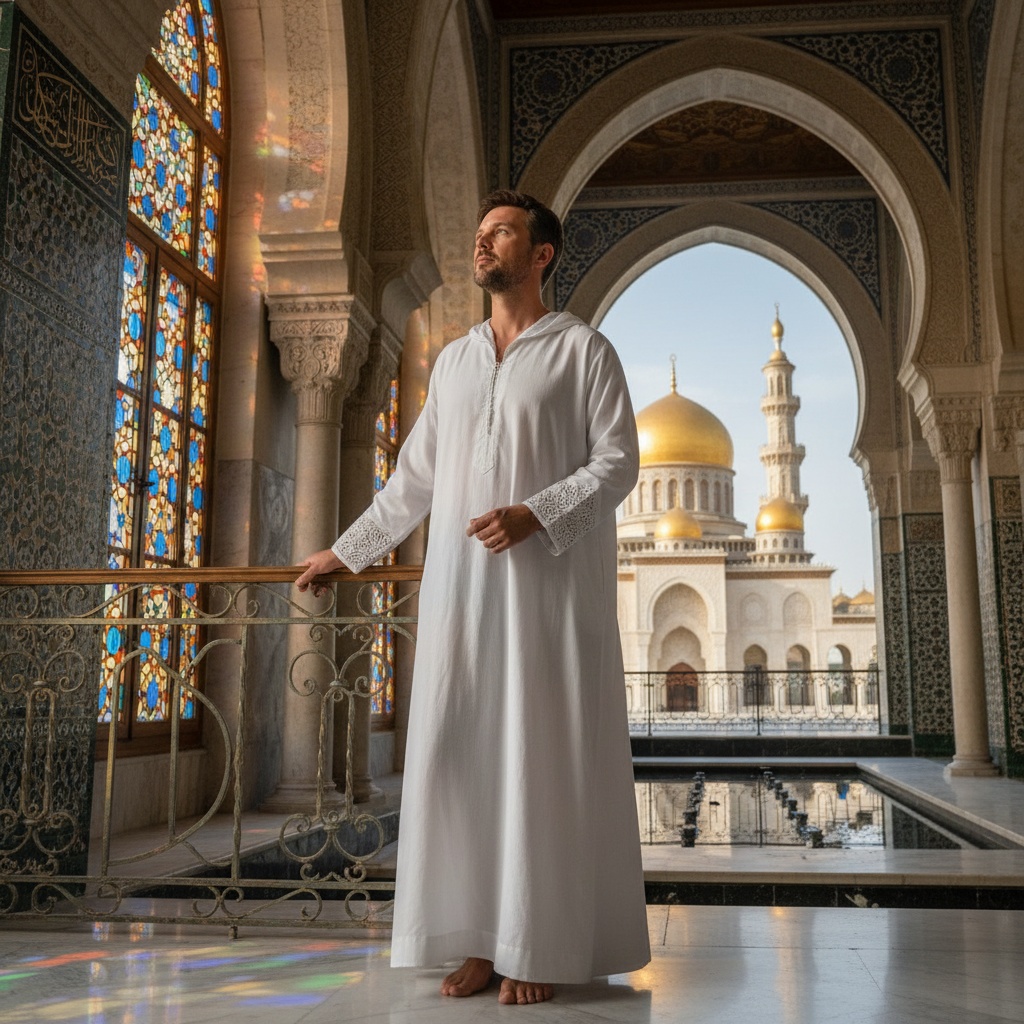 Michael, a 30-year-old Caucasian male, gracefully stands in the majestic Al-Noor Mosque, framed by stunning Moorish architecture. He wears a lightweight, flowing white thobe made of luxurious cotton, reflecting the soft afternoon light filtering through intricate stained glass. The thobe features delicate hand-embroidered cuffs, emphasizing tradition and sophistication. His serene posture, with one hand resting on a wrought-iron railing and the other clasped at his side, radiates calm introspection as he gazes upwards. The mosque's golden domes and ornate minarets dominate the background, with their reflections shimmering in a tranquil water feature. Soft, diffused sunlight creates an ethereal glow, enhancing the rich textures of his attire. The composition elegantly blends spirituality with high fashion, embodying cultural elegance and tranquility.