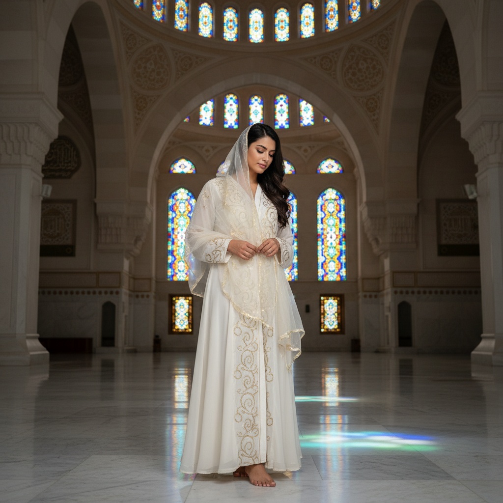 Olivia, a serene 23-year-old Latin female, captured in a breathtaking moment within the majestic Al-Noor Mosque. She is draped in a flowing ivory chiffon abaya adorned with intricate gold embroidery, standing barefoot on the cool marble floor. Surrounded by stunning geometric patterns of the mosque's architecture, light filters through ornate stained glass windows, illuminating her figure. Her long dark hair cascades down her back, partially veiled by a sheer dupatta, creating a beautiful harmony of modern elegance and cultural tradition. With her head slightly bowed in contemplation, she radiates tranquility and reverence, embodying the connection between faith and femininity. This image speaks to the empowerment of women in spiritual spaces, making it visually striking and culturally significant.