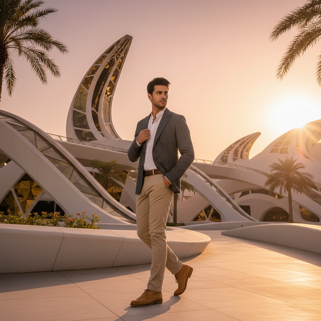 David, a 26-year-old male model with Arab heritage, is captured in an editorial shot against the surreal architectural backdrop of Sharjah, United Arab Emirates, during golden hour. He exudes youthful exuberance and cosmopolitan flair, dressed in an avant-garde charcoal-grey linen blazer over a crisp white collarless shirt, complemented by sand-colored chinos and polished desert boots. His dynamic pose suggests momentum, with one hand in his pocket and the other adjusting his blazer collar. The iconic skyline and palm trees frame the scene, with warm, inviting colors that embody contemporary youth and cultural connection. Soft natural lighting enhances his features, while a gentle sunflare adds an ethereal quality to the moment. This image evokes feelings of adventure and sophistication.