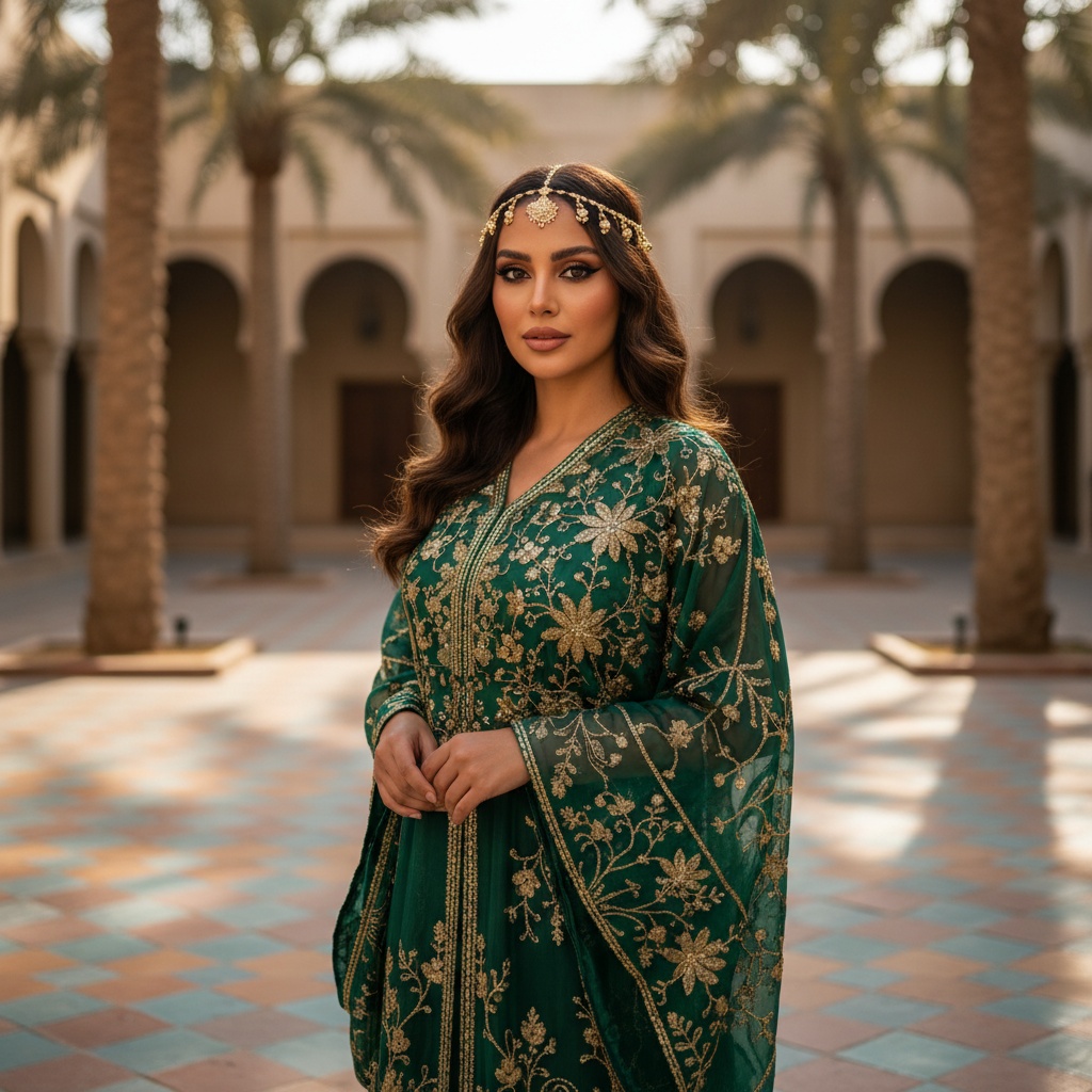 A mesmerizing portrait of Emily, a 33-year-old Middle Eastern woman, enveloped in the vibrant culture of Sharjah. She wears an exquisite, intricately embroidered abaya in emerald green and gold, crafted from sumptuous chiffon georgette, adorned with hand-stitched floral motifs reflecting the region's rich heritage. Her expressive eyes, highlighted with kohl, project mystery and allure against her glowing mocha-toned skin. A delicate gold headpiece adorns her luxurious waves of hair, reminiscent of the Sharjah desert's sand dunes. In a sun-drenched courtyard with intricate mosaics and lush palm trees, she poses with serene confidence, adding an enchanting aura to the setting. The warm golden hour light enhances her attire's details, creating a stunning interplay of light and shadow. The overall composition evokes a sense of cultural pride and elegance, perfectly capturing the spirit of the Middle East.
