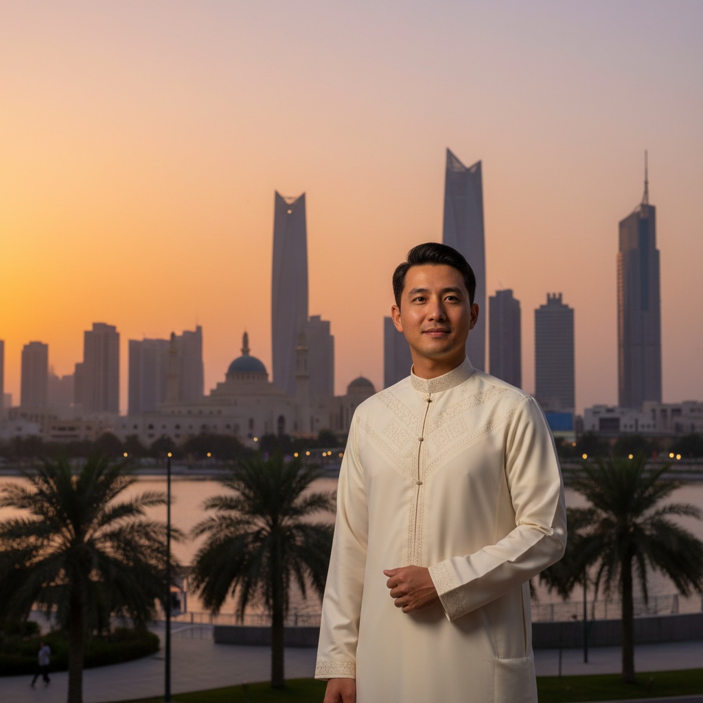 James, a 29-year-old Asian man, stands against the vibrant, golden-hued skyline of Sharjah at dusk. He wears a tailored, cream-colored kandura, subtly embroidered with traditional motifs, reflecting the blend of modern and traditional Emirati style. The warm sunset light accentuates his features, while the city's architecture provides a dynamic backdrop. The image evokes a sense of pride, belonging, and the evolving cultural landscape of the UAE.