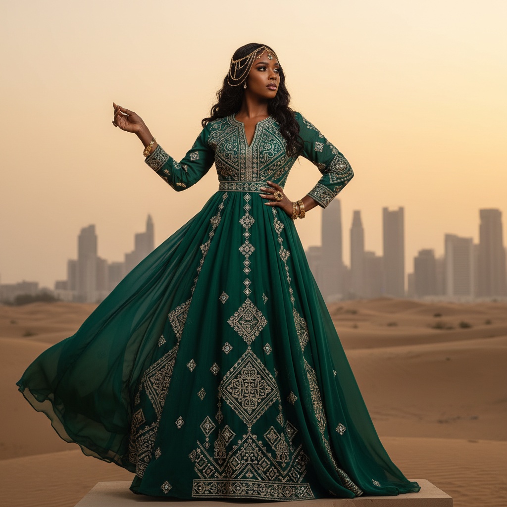 Olivia, a striking black female figure aged 28, embodies the essence of 'Empress of the Sands' in an editorial shoot set against the breathtaking skyline of Sharjah. Dressed in a flowing emerald chiffon gown with intricate hand-embroidered patterns reminiscent of Islamic art, she exudes an air of regal authority. Her dark hair adorned with delicate gold accents cascades over her shoulders. The scene captures her in a confident pose, one hand on her hip, the other reaching outward, her gaze contemplative as the warm golden hues of dusk envelop the sandy dunes and architectural lines behind her, evoking timeless elegance and cultural pride.